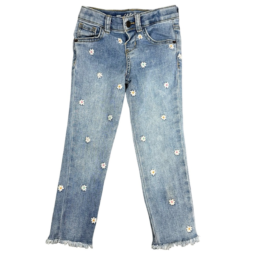 Cat & Jack Jeans Girls 4T Blue Denim Super Stretch Skinny Embroidered Floral